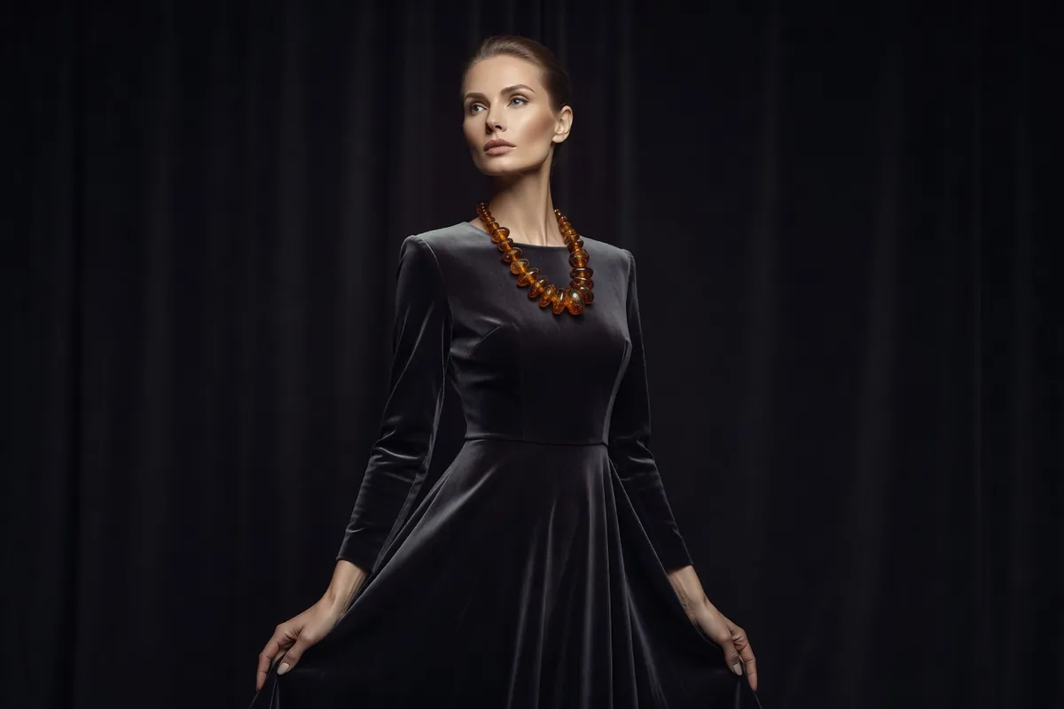 Femme portant un collier ancien de perles d'ambre irrégulières à la patine sombre
