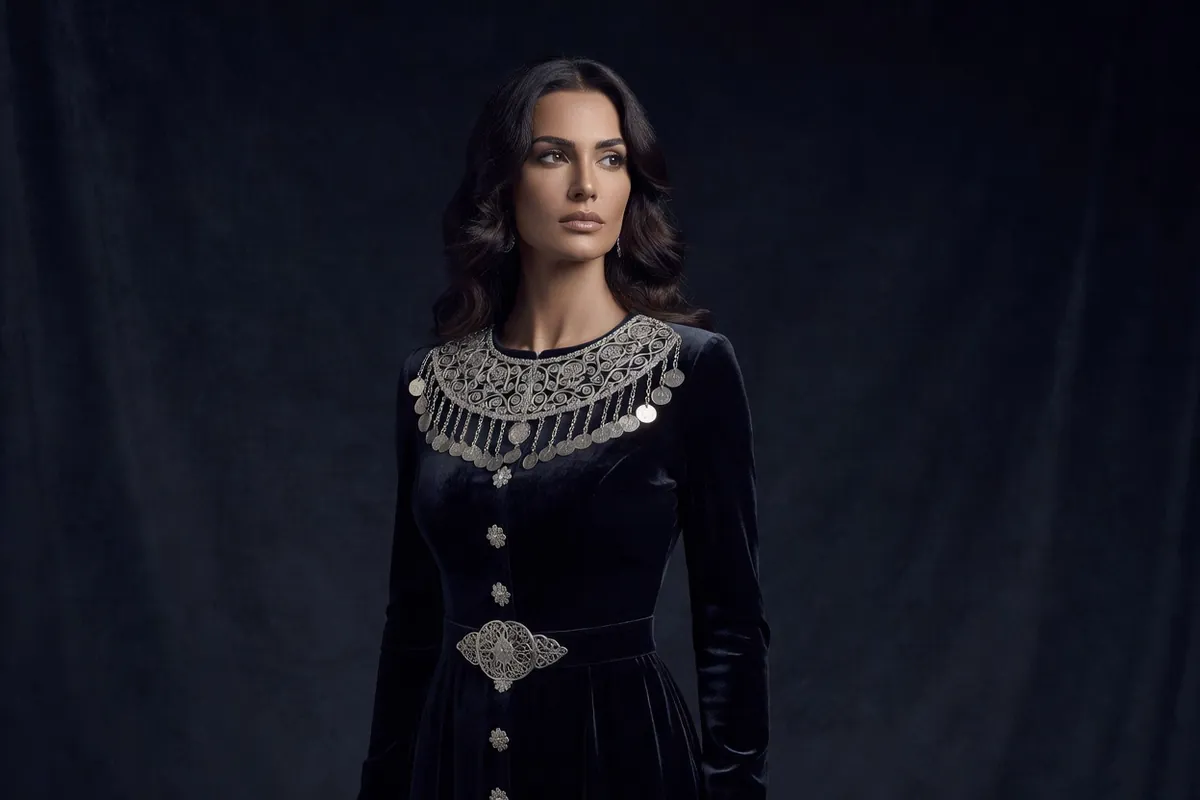 Femme des Balkans portant un pectoral en filigrane d'argent garni de rangs de monnaies