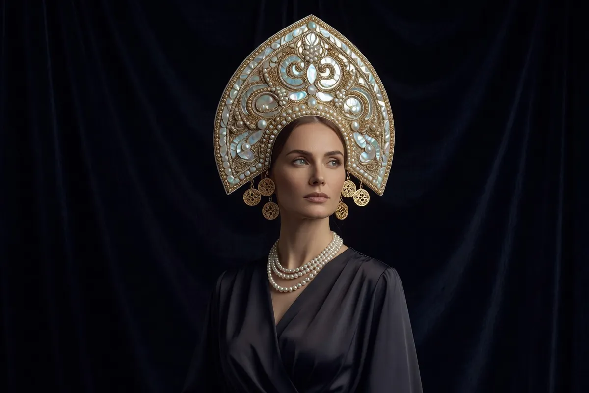 Femme russe portant un kokochnik brodé de perles et des pendants de tempe kolty