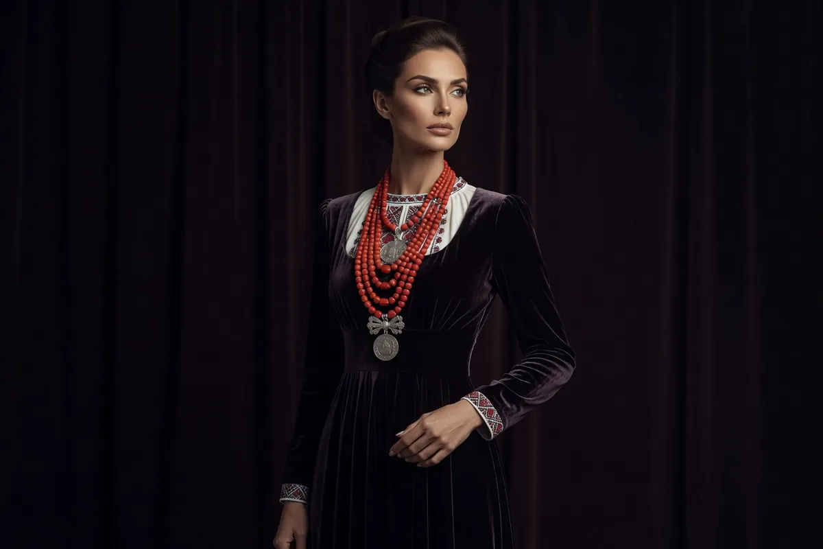 Femme ukrainienne portant plusieurs rangs de corail rouge et un doukatch d'argent