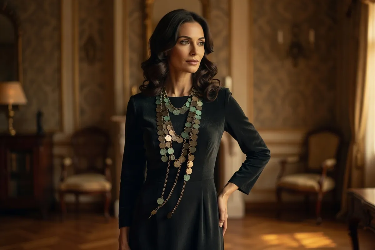 Femme en robe sombre portant un collier de monnaies dans un intérieur chaleureux