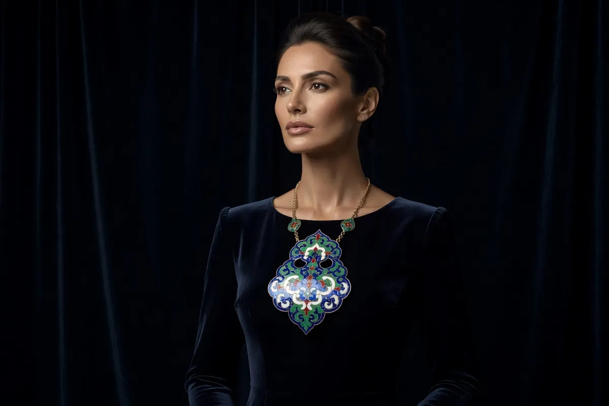 Femme géorgienne portant un pendentif d'émail cloisonné aux cloisons d'or