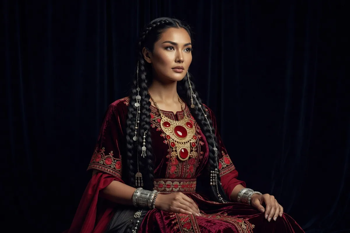 Femme d'Asie centrale en robe rouge sombre portant un pectoral d'argent à cornalines et des bracelets larges, vue de trois quarts