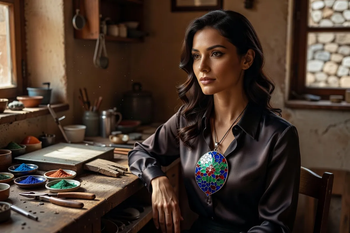 Femme géorgienne assise dans un atelier, portant un pendentif d'émail cloisonné aux couleurs vives