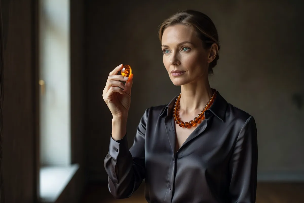 Femme balte en chemisier sombre portant un collier de grosses perles d'ambre, examinant une perle à la lumière du jour