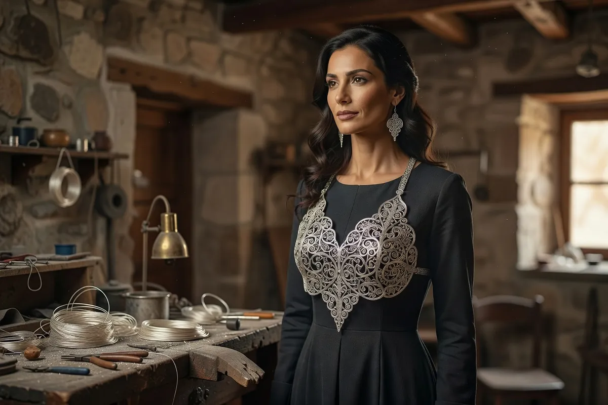 Femme des Balkans en robe sombre portant un large plastron en filigrane d'argent ajouré, dans un atelier d'orfèvre
