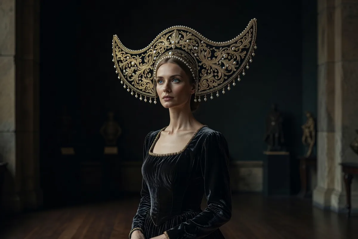 Femme russe vue de trois quarts portant un kokochnik en croissant brodé d'or