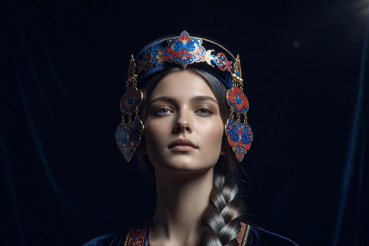Femme aux cheveux tressés portant une coiffe ancienne et une paire de kolts d'or émaillé aux tempes