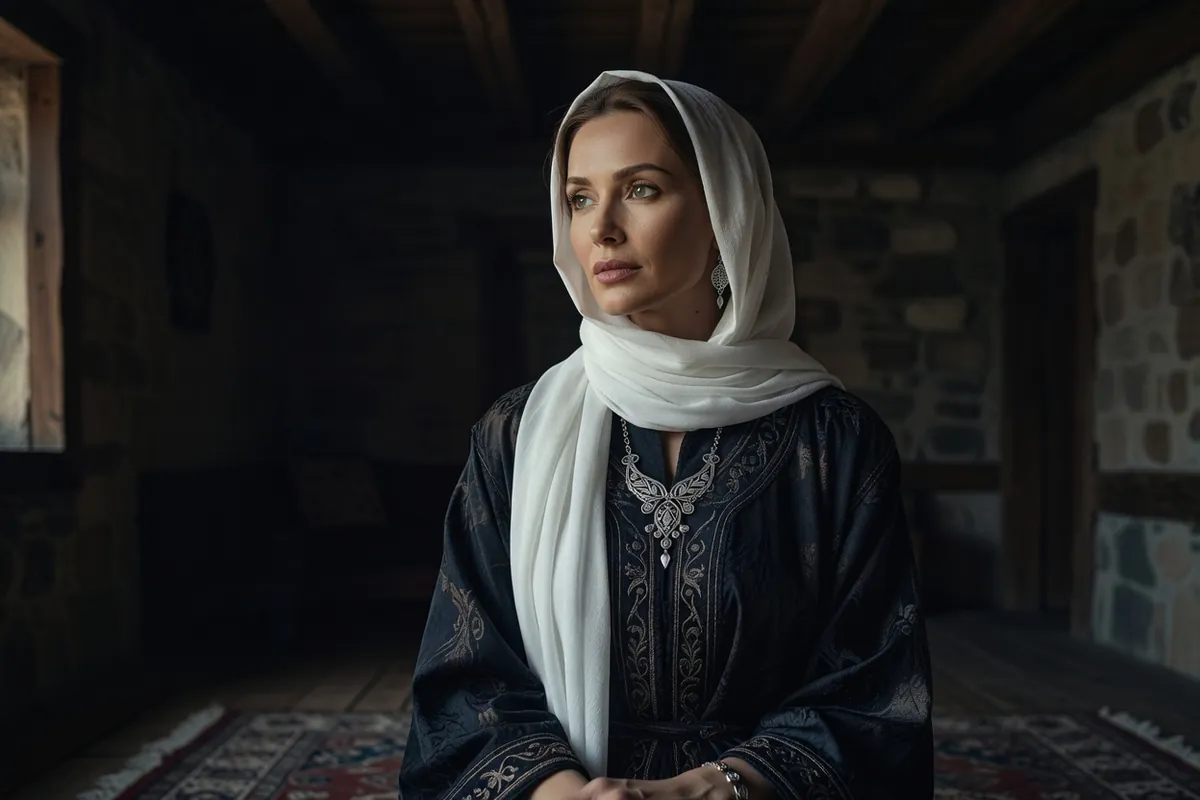 Femme du Daghestan coiffée d'un foulard blanc et portant des bijoux d'argent gravé