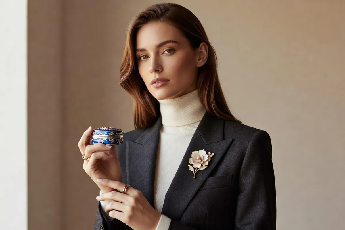 Femme en col roulé ivoire portant une broche émaillée et tenant une petite boîte à bijoux émaillée bleue