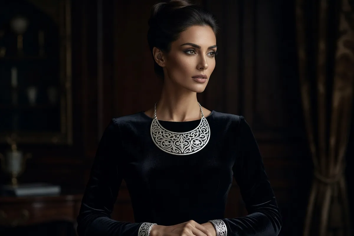 Femme caucasienne portant un collier-plastron et des bracelets en argent aux décors noirs