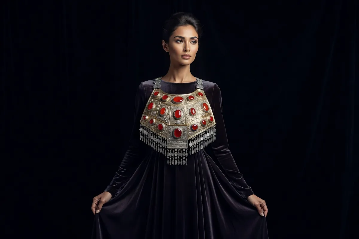 Femme turkmène portant un large plastron d'argent doré estampé à cornalines