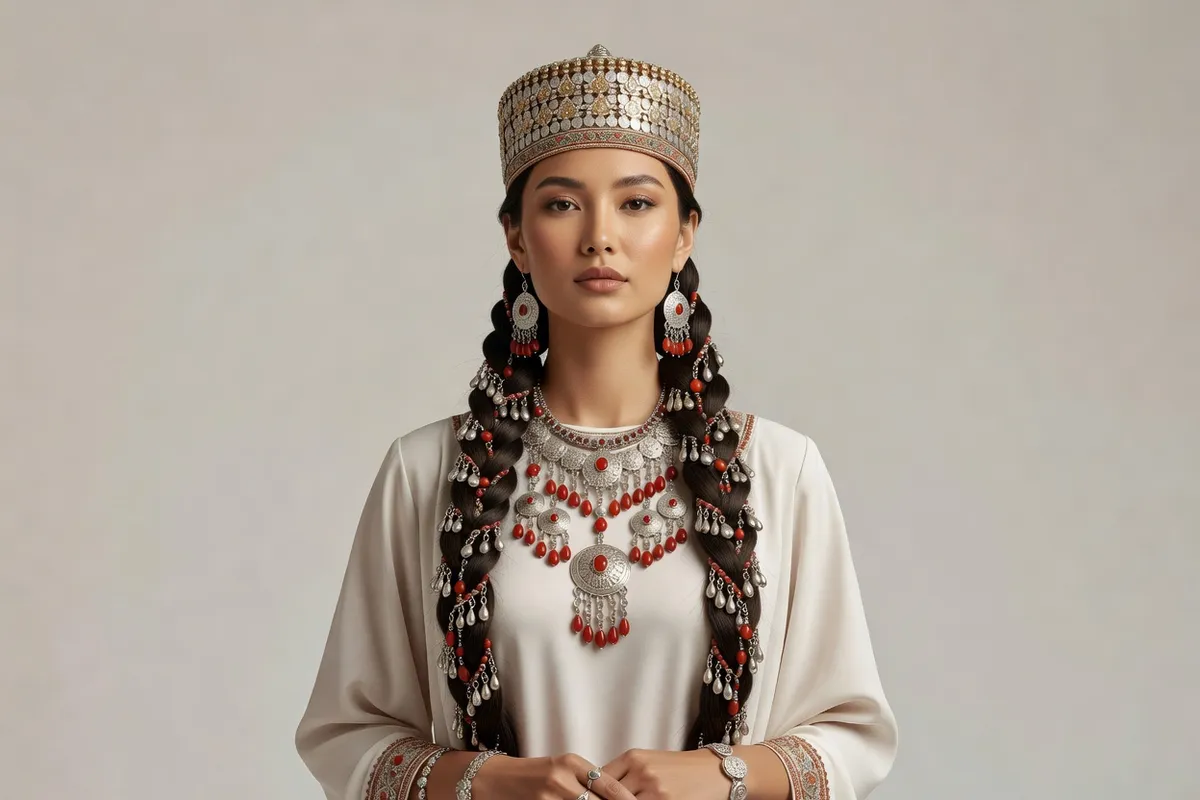 Femme turkmène portant deux longues nattes ornées de pendentifs d'argent et de cornalines, un diadème de plaques d'argent doré et un plastron à pendeloques