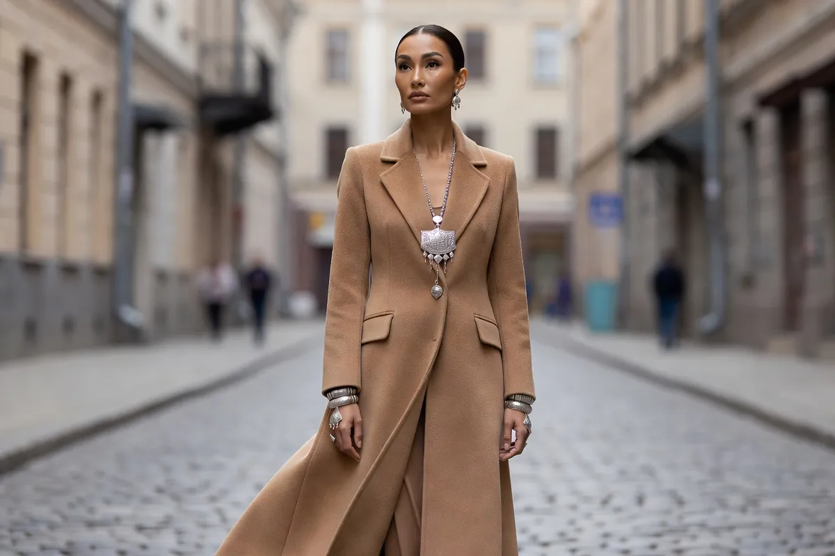 Femme portant des bijoux d'argent avec un manteau de laine camel dans une rue de ville