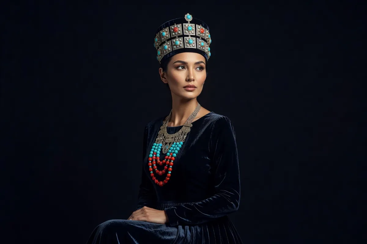 Femme ouzbèke portant un diadème de plaques d'argent doré à turquoises et corail