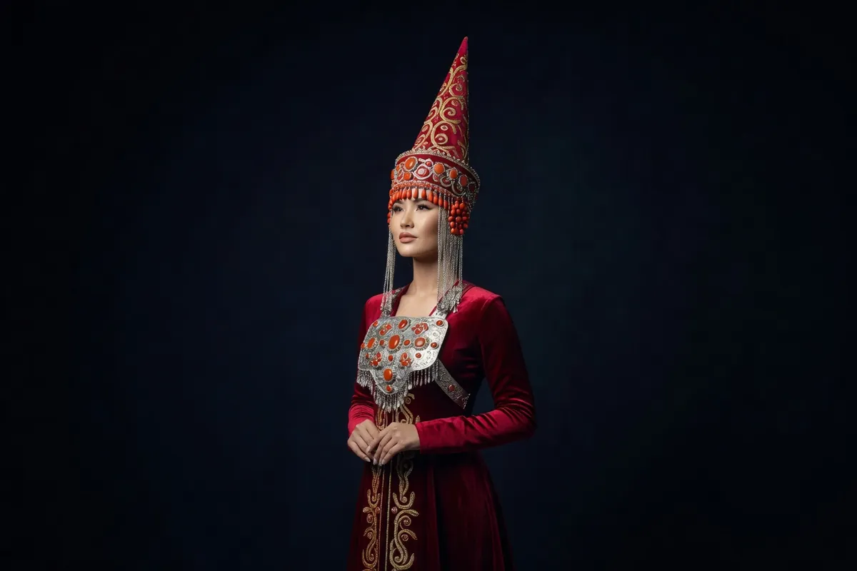 Jeune femme kazakhe en robe de velours rouge portant un saukele conique brodé garni de pendeloques d'argent, en plan large