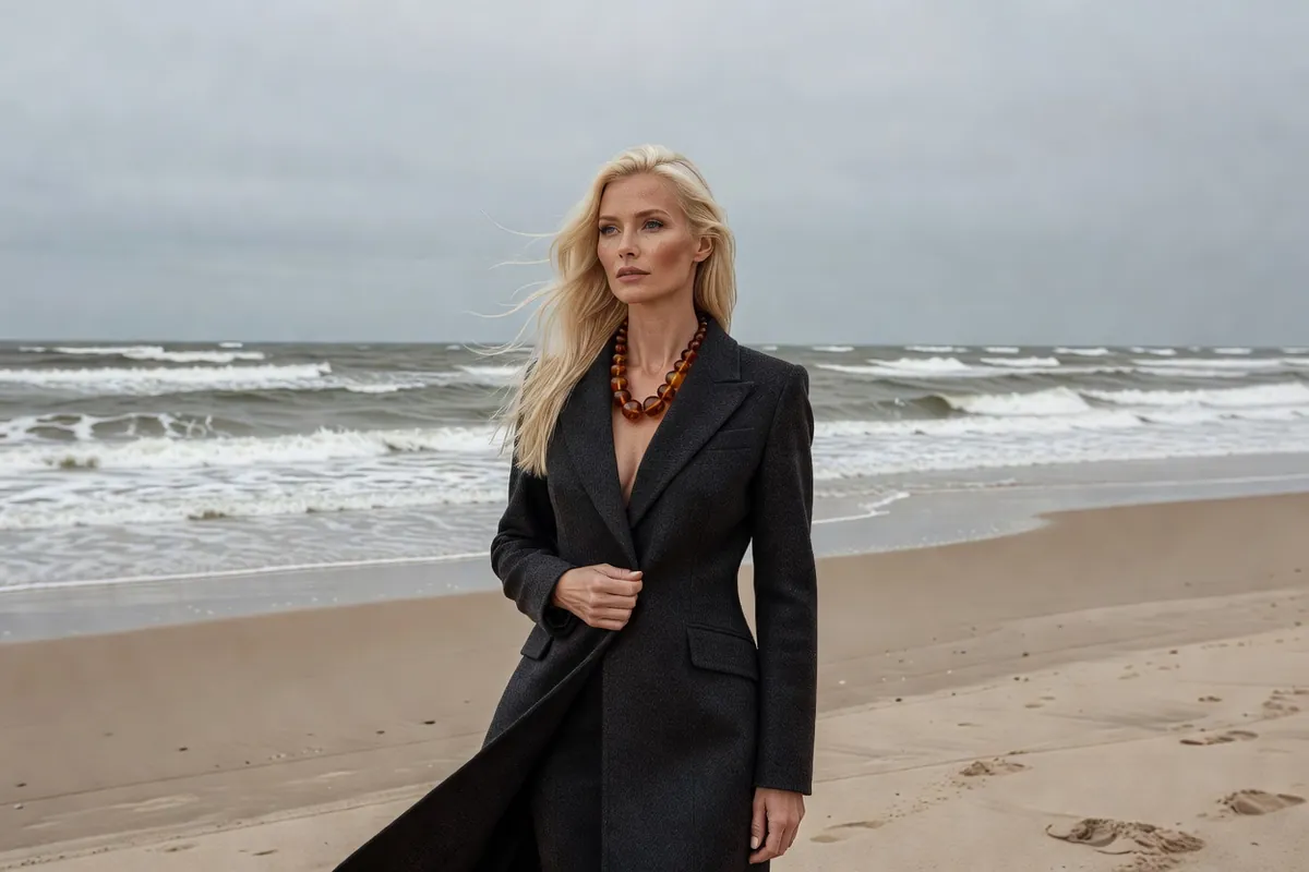 Femme balte portant un collier d'ambre sur une plage grise de la Baltique