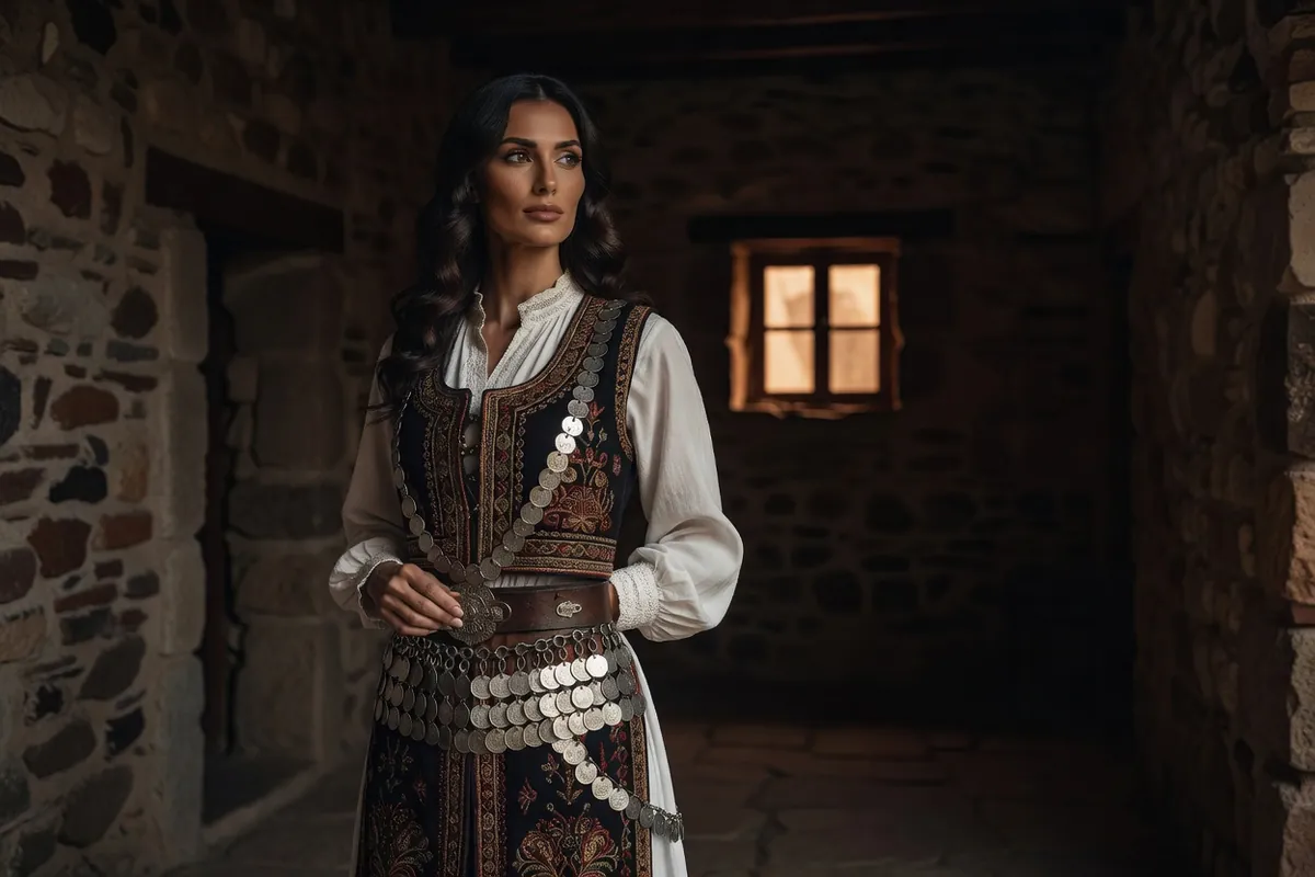 Jeune femme en costume balkanique brodé portant une ceinture à chaînes garnies de grandes monnaies d'argent