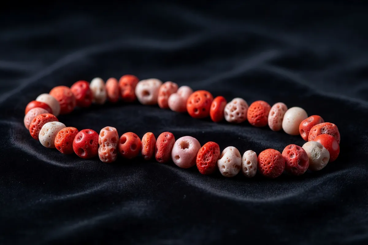 Gros plan de perles de corail rouge dont certaines ont pâli vers le blanc rosé