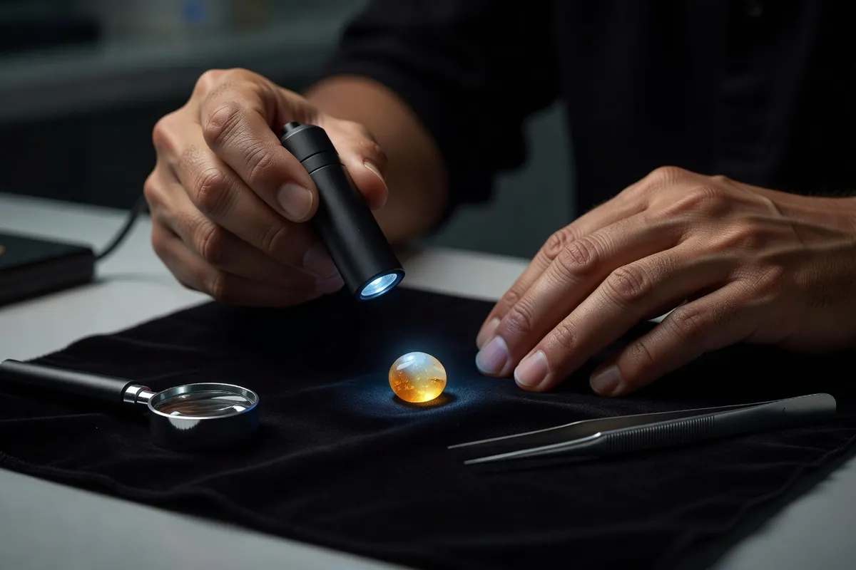 Mains d'un gemmologue éclairant une perle d'ambre avec une lampe ultraviolette dans la pénombre