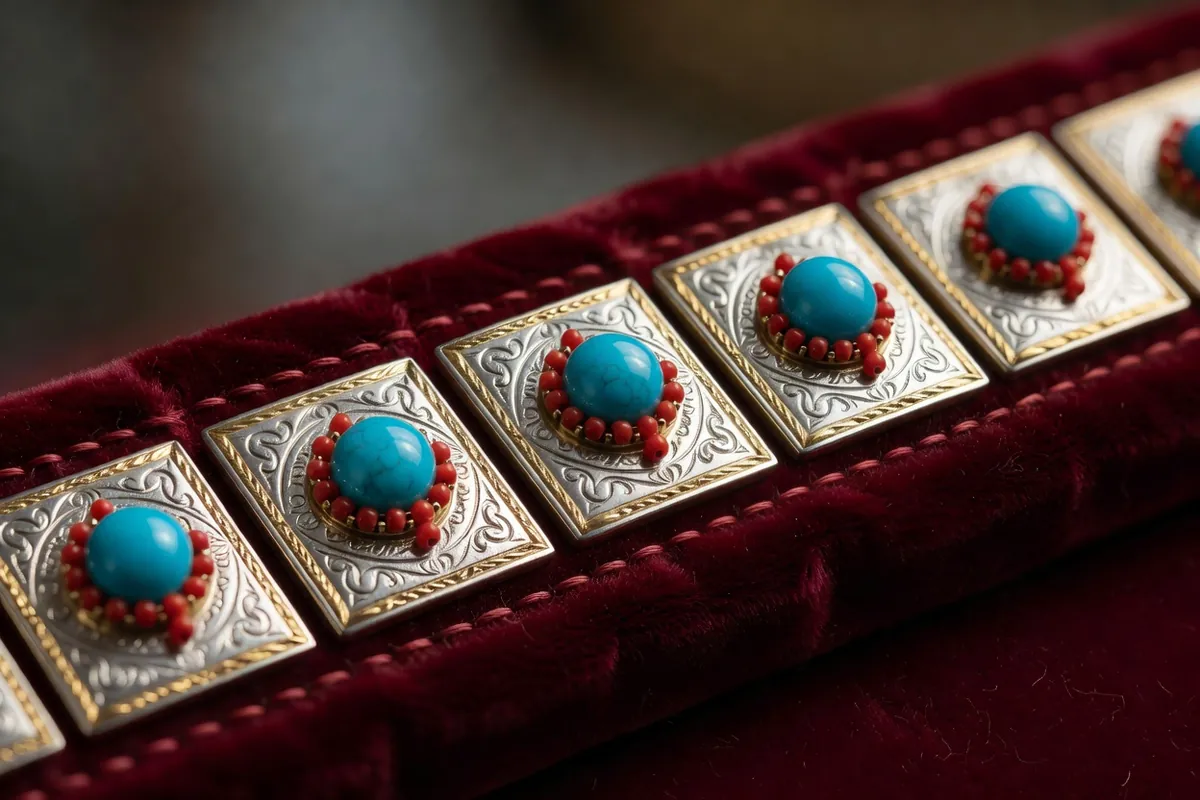 Gros plan de plaques d'argent doré serties de cornalines et de turquoises posées sur du velours