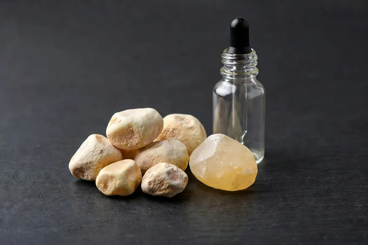 Gros plan de morceaux d'ambre brut et de copal côte à côte sur un fond sombre