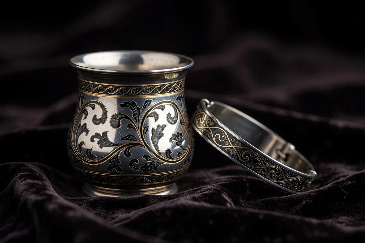 Gros plan d'un objet d'argent niellé et damasquiné d'or sur velours sombre