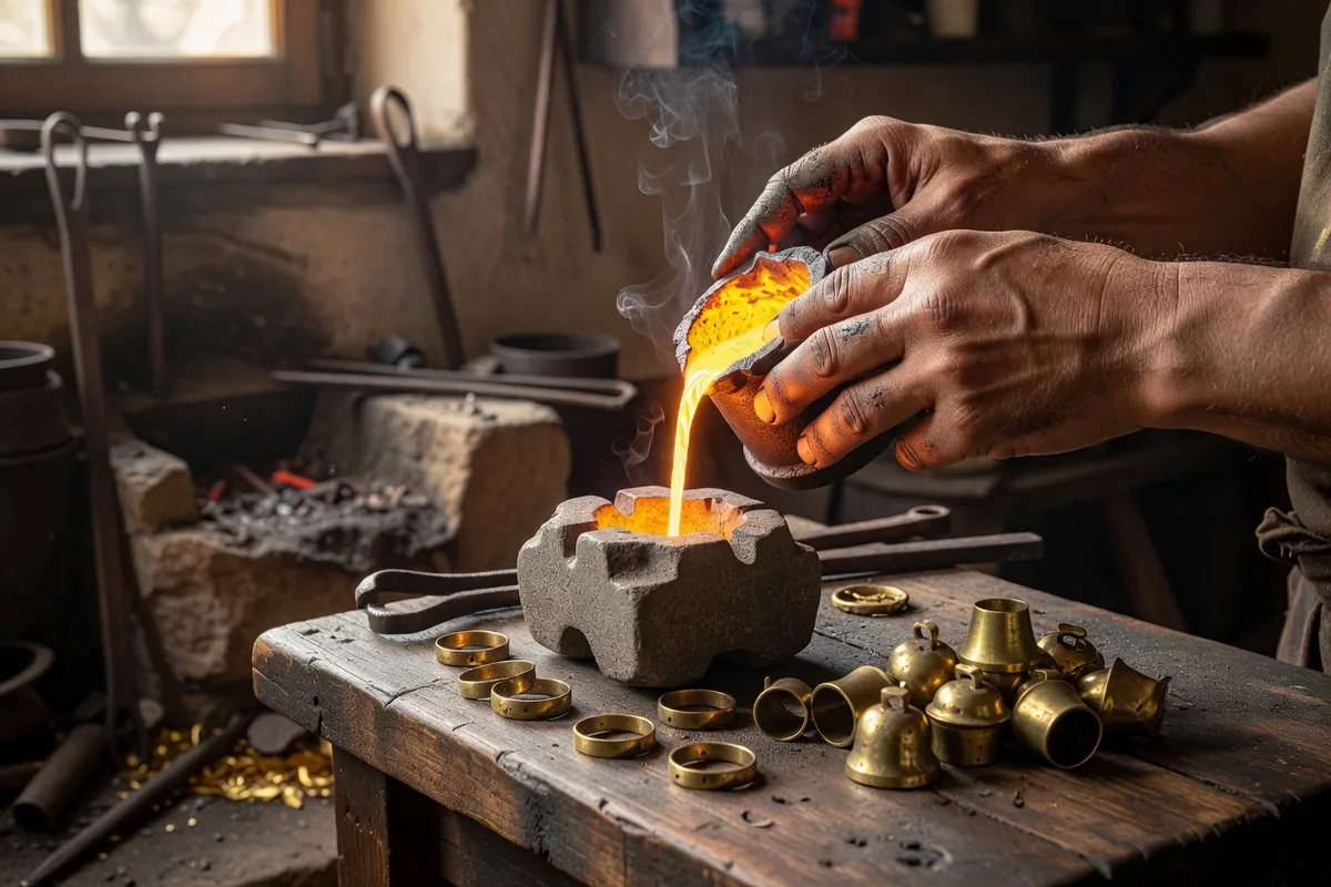 Mains d'un artisan houtsoul coulant du laiton dans un moule sur un établi d'atelier