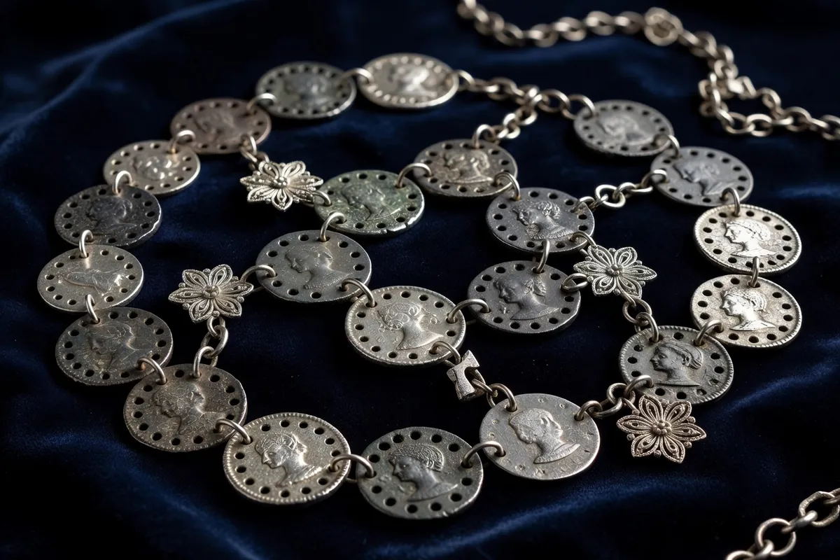 Monnaies anciennes percées, rosettes en filigrane et chaîne patinée posées sur du velours sombre