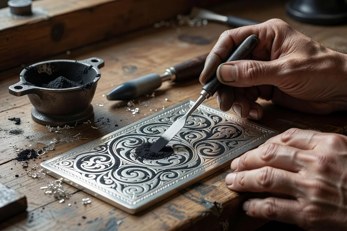 Mains d'un artisan déposant de la poudre de nielle noire dans un décor gravé sur argent