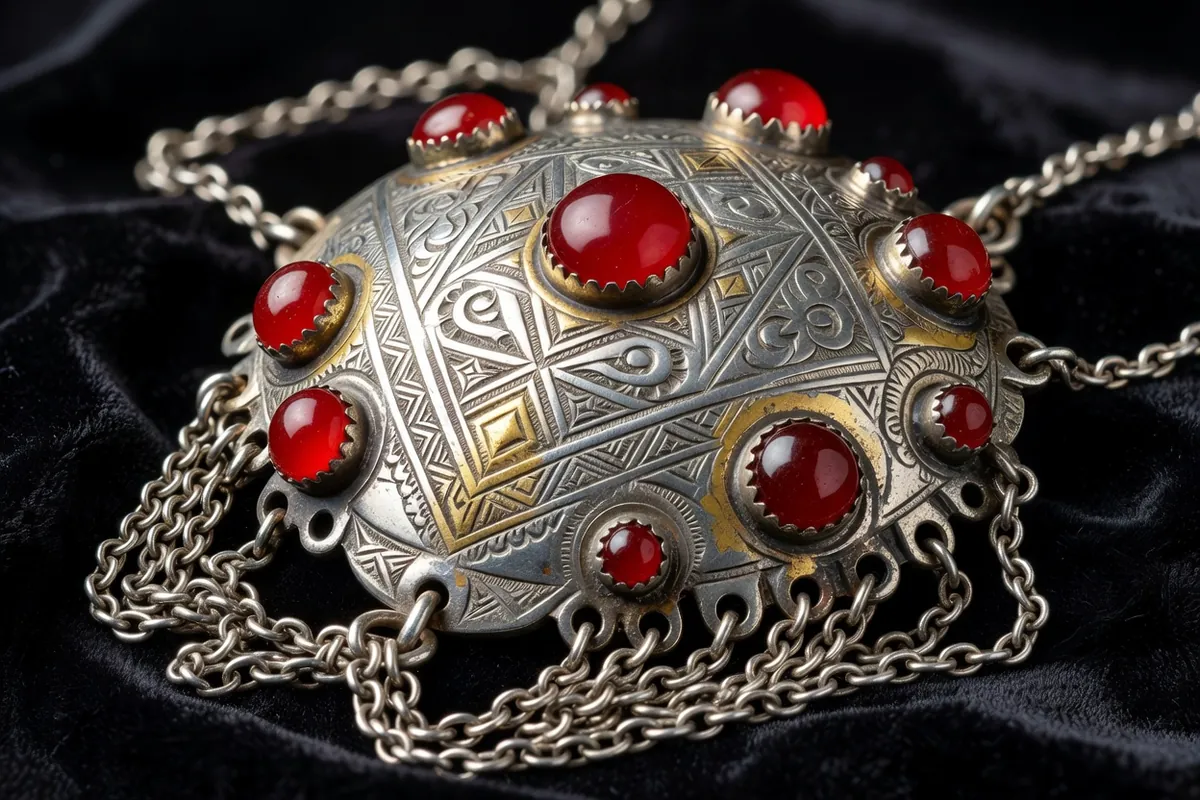 Gros plan sur un pectoral d'argent gravé serti de cabochons de cornaline rouge sombre posé sur un velours noir