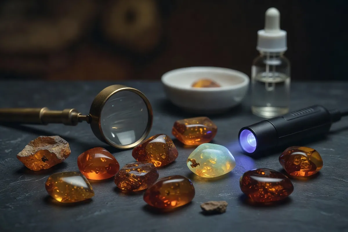 Macro de laboratoire : loupe de gemmologue et lampe ultraviolette posées près de pierres d'ambre brutes et polies sur une paillasse