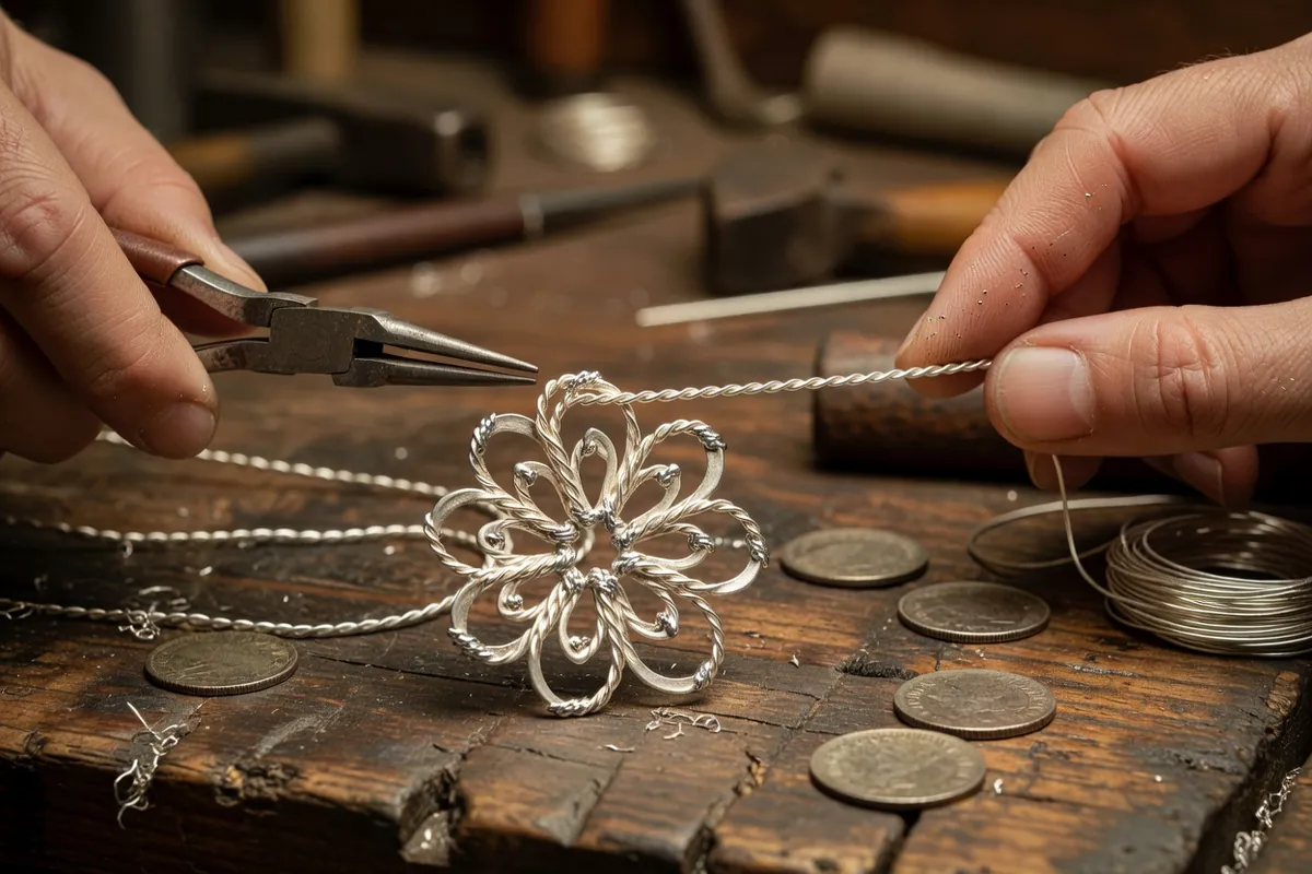 Gros plan sur des mains d'orfèvre cintrant à la pince un fil d'argent torsadé sur une rosette de filigrane, à côté de monnaies d'argent anciennes