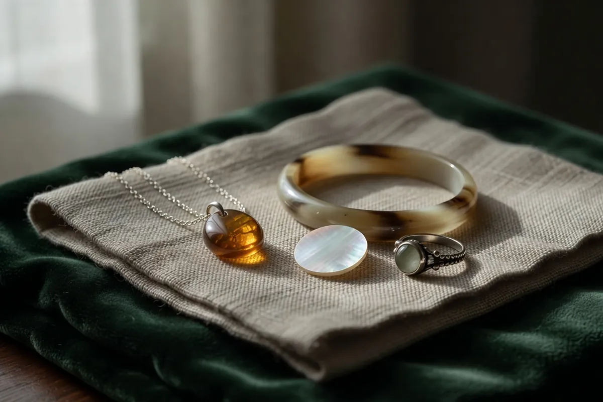 Nature morte de bijoux aux matières douces, ambre poli, corne, nacre et argent patiné, posés sur du lin et du velours