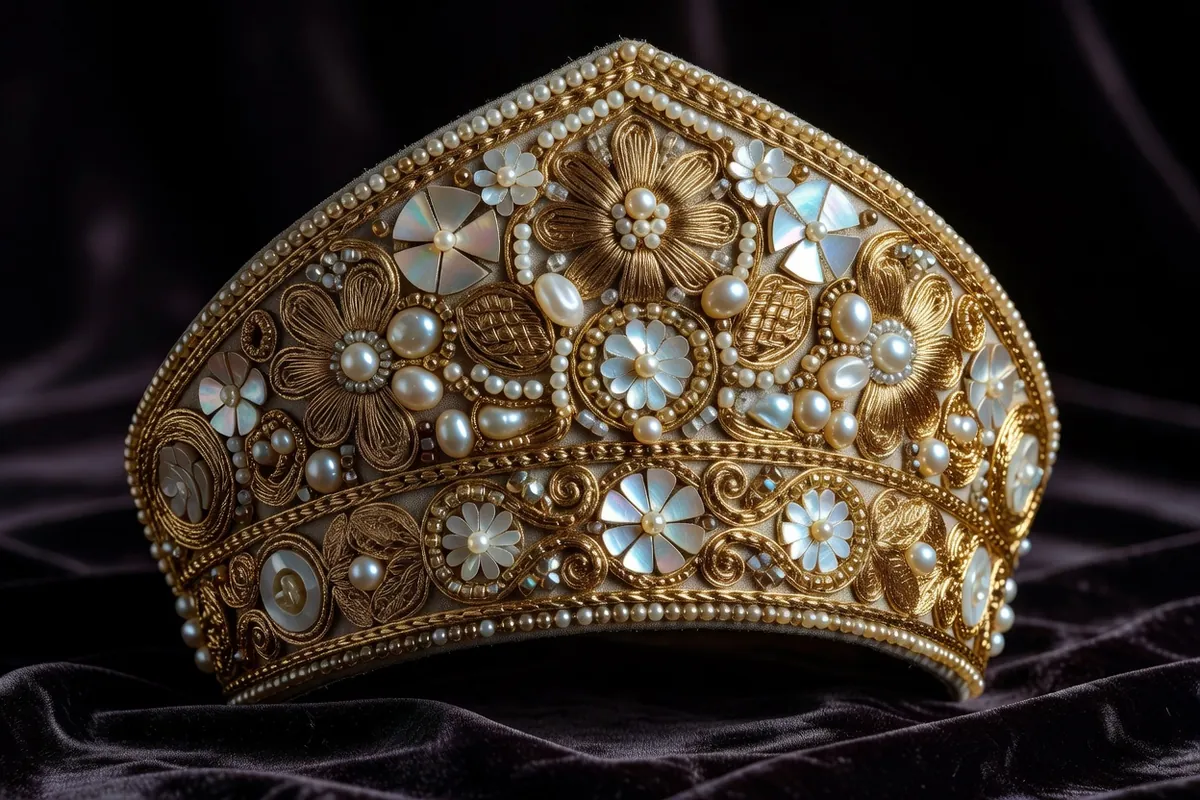 Détail d'un kokochnik posé sur du velours avec broderie d'or, perles de rivière et éléments de nacre