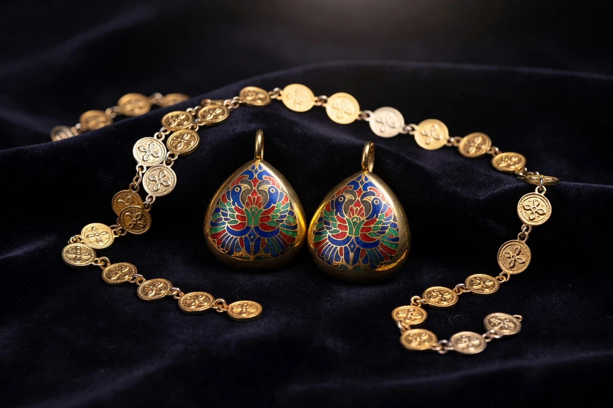 Paire de kolts d'or émaillé aux motifs d'oiseaux affrontés posés sur du velours sombre à côté d'une chaîne de maillons dorés