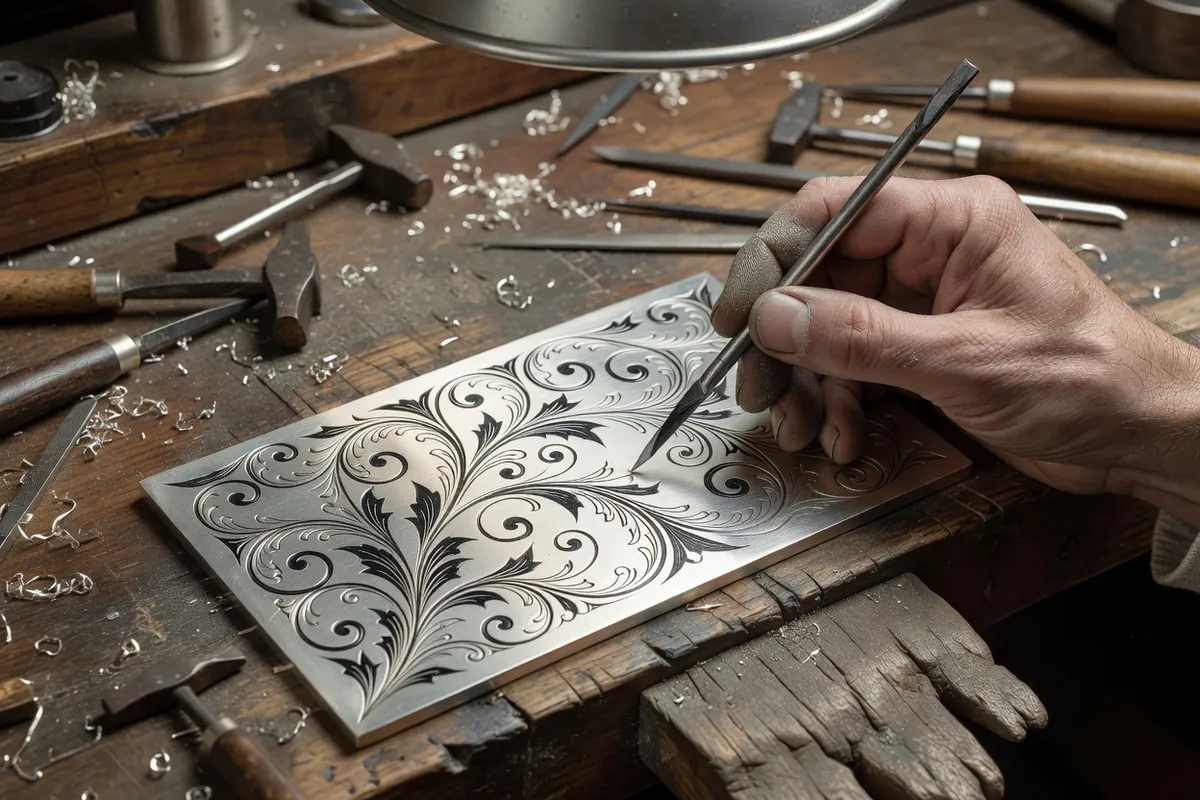 Mains d'un graveur travaillant au burin une plaque d'argent ornée de volutes niellées