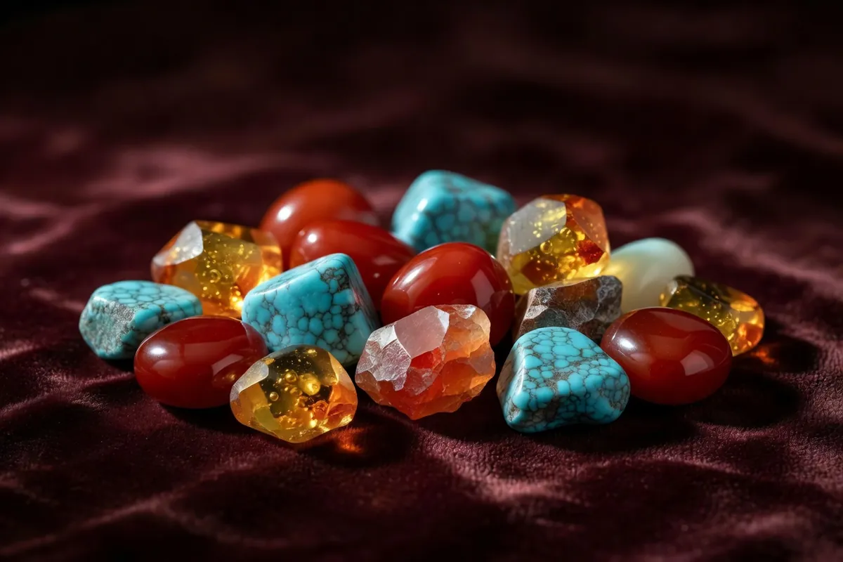 Nature morte de pierres brutes et polies, cornaline rouge, turquoise et ambre doré, posées sur un velours sombre