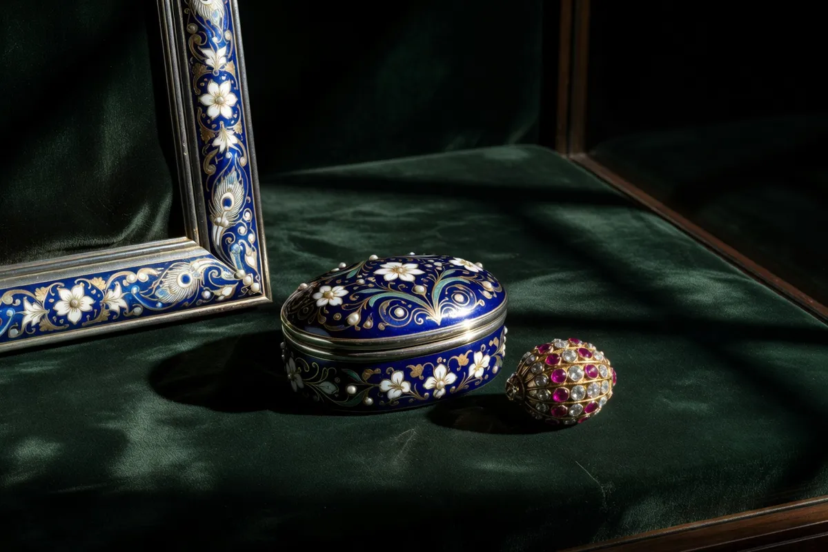 Boîte à bijoux en argent émaillé bleu, œuf décoratif en or et cadre photographique émaillé posés sur du velours vert sombre