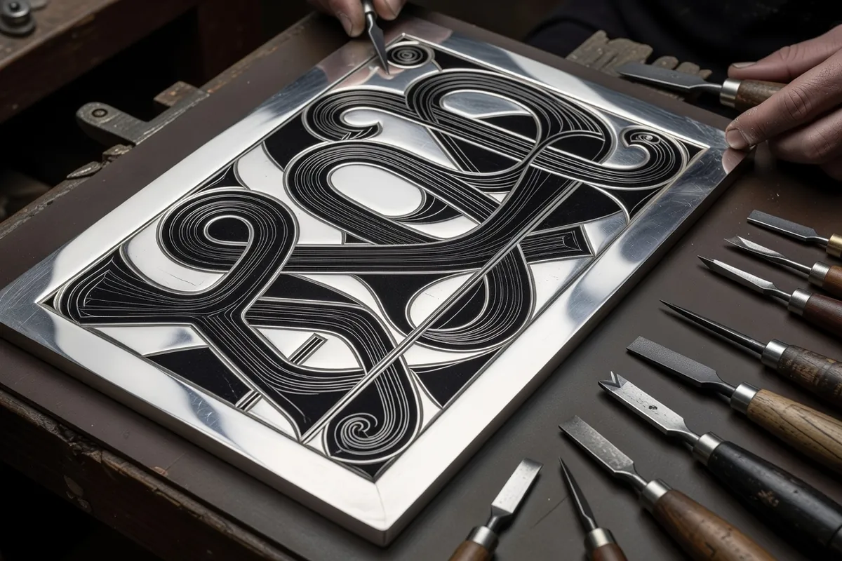 Plaque d'argent gravée dont les tailles sont remplies d'une matière noire, avec des outils de graveur