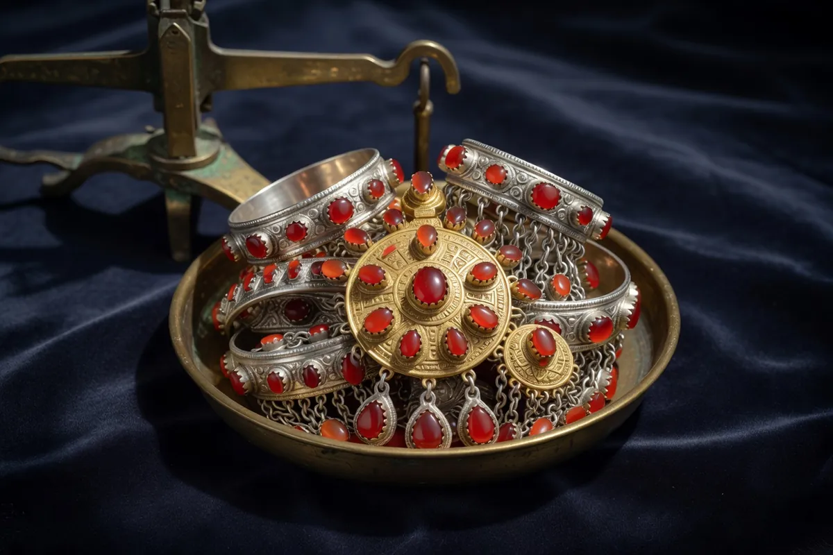 Ensemble de parures turkmènes en argent doré et cornaline posé sur le plateau d'une balance