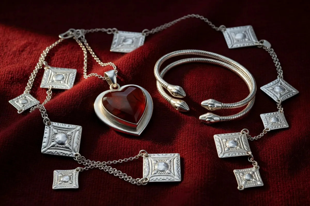 Pendentif cœur en argent serti d'une cornaline, bracelets jumeaux à extrémités de têtes de serpent et ornements de poitrine en losange sur une étoffe rouge sombre