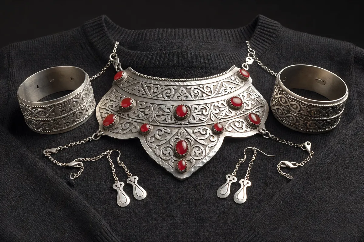 Plastron d'argent, deux bracelets et boucles à pendeloques posés sur un pull de laine sombre