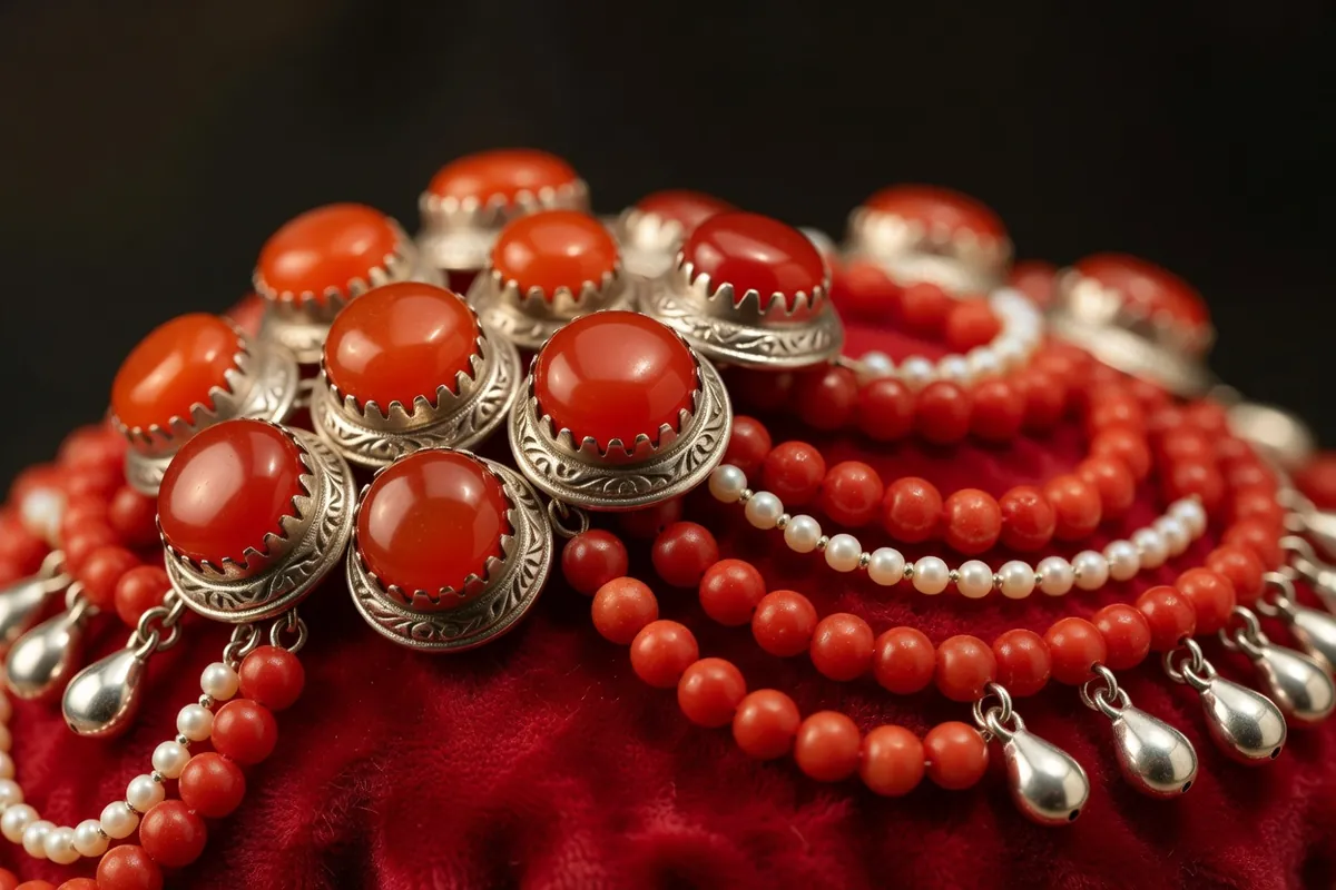 Détail macro de cornalines serties dans l'argent et de perles de corail rouge sur une garniture de coiffe