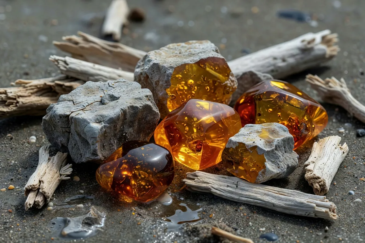 Blocs d'ambre brut à croûte grise et morceaux polis sur du sable sombre et du bois flotté