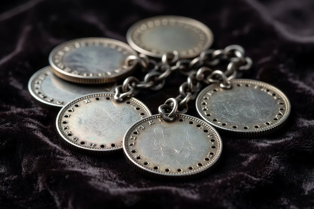 Macro de monnaies d'argent anciennes percées et montées sur une chaîne, à la patine sombre, posées sur du velours