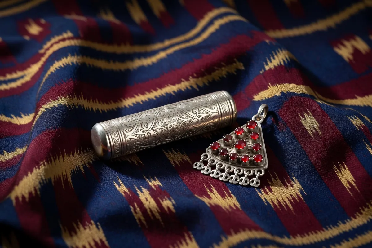 Étui cylindrique bozuband en argent et tumar triangulaire ornés de cornalines sur une étoffe d'ikat