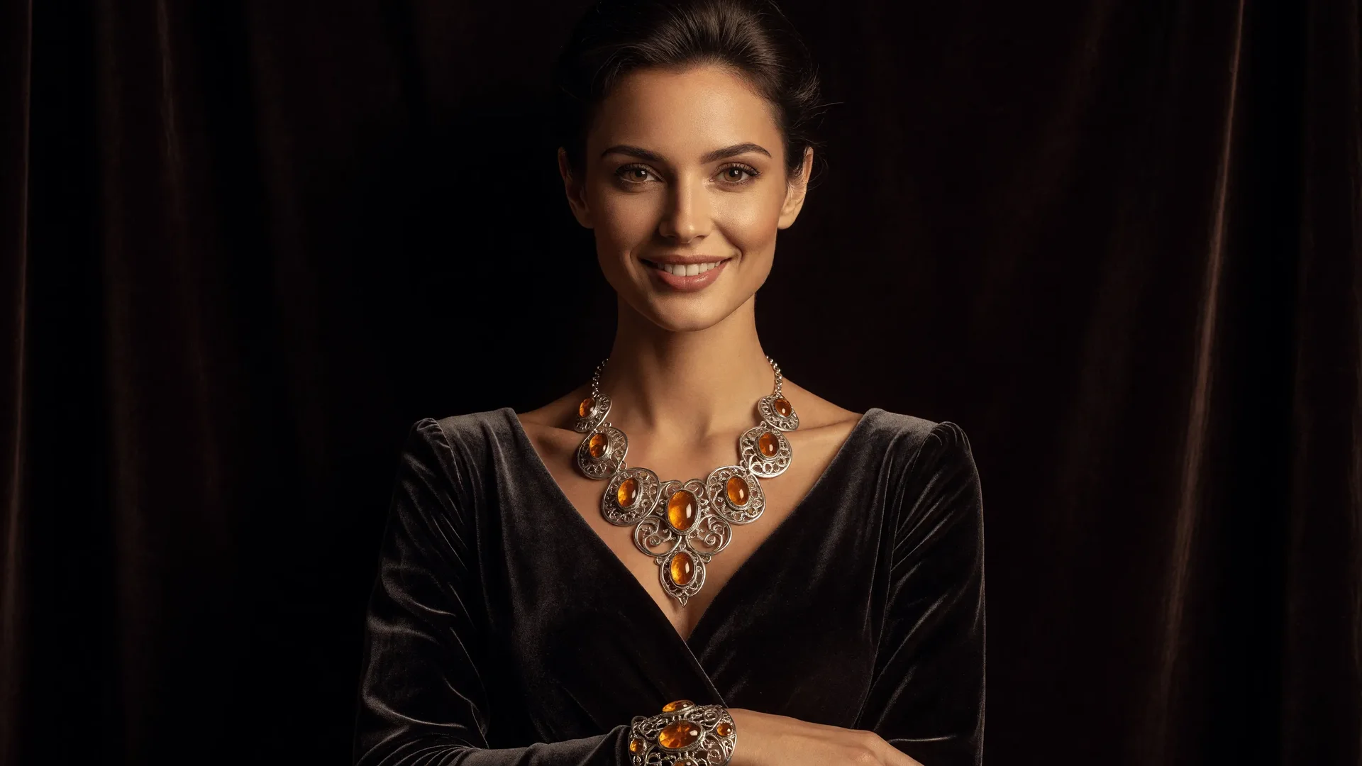 Femme souriante portant un collier de filigrane d'argent serti de cabochons d'ambre sur une robe de velours sombre