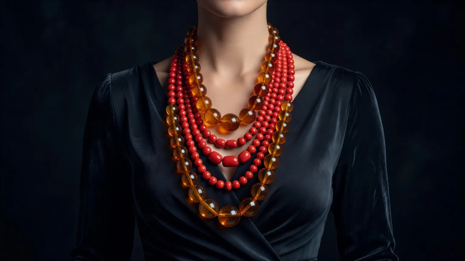 Rangs de perles de corail rouge et morceaux d'ambre posés sur une étoffe sombre