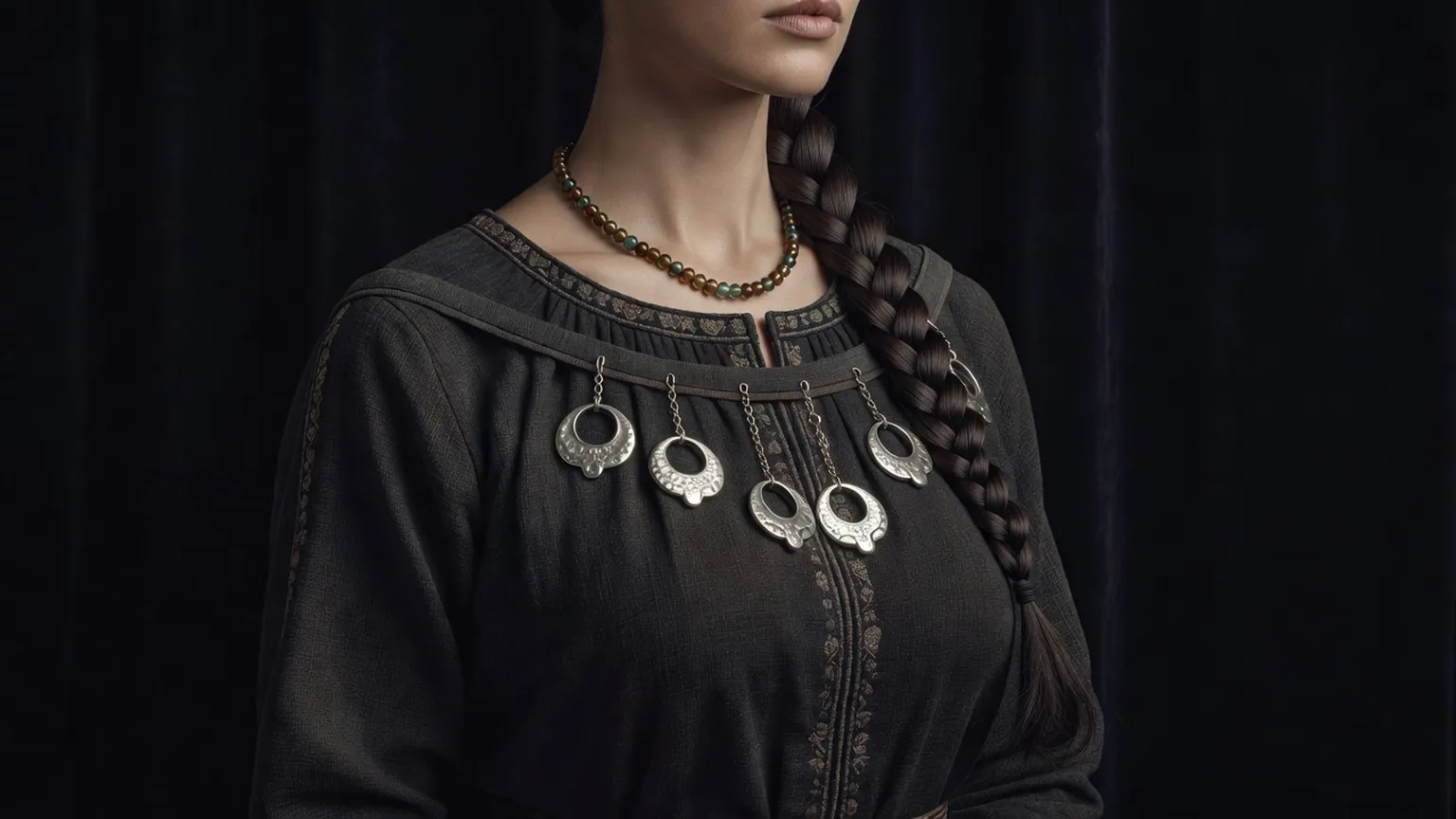 Femme slave portant des anneaux temporaux lobés en argent suspendus à un bandeau